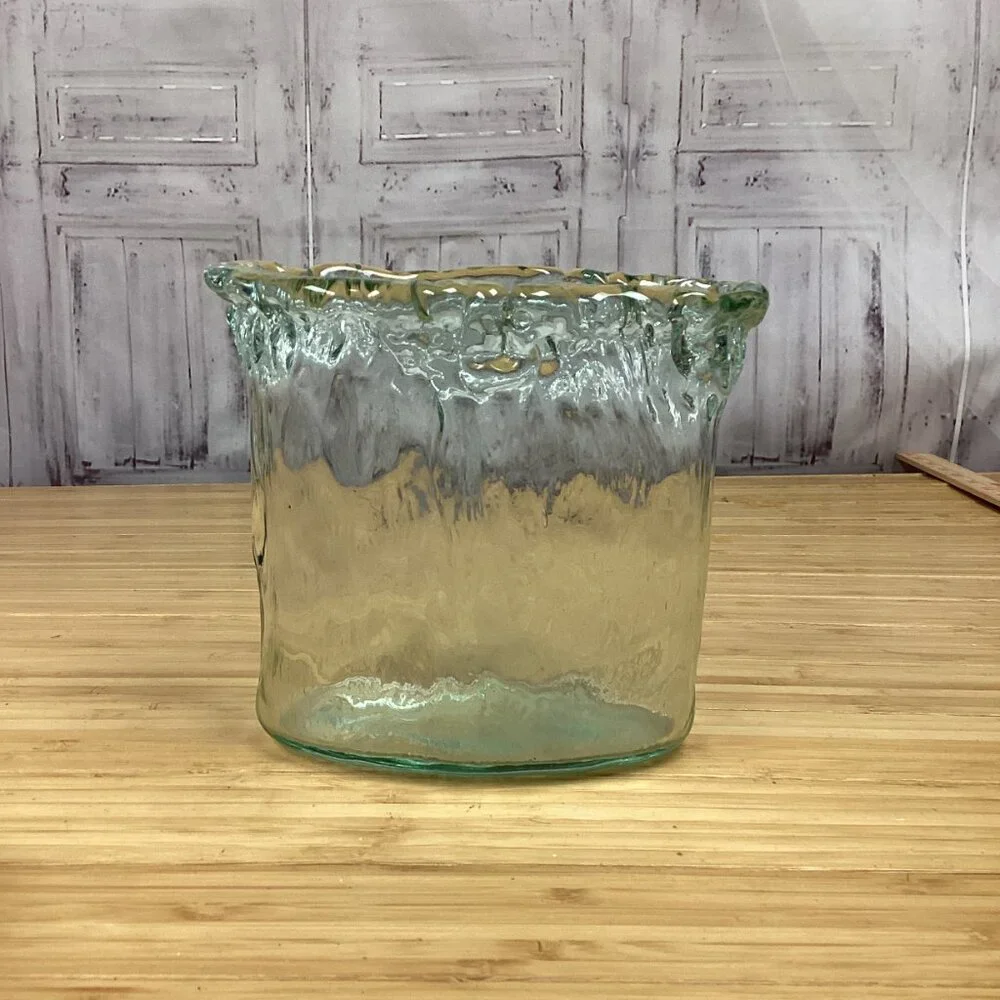 Hand Blown Glass Vase Green Tint Waves Ice